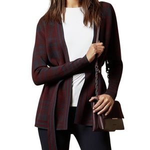 Ted Baker Maroon Red and Navy Blue Checkered Longline Belted Cardigan